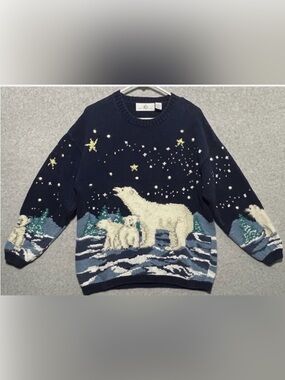 Design Options crewneck knit sweater Wintery scenic starry night & polar bears